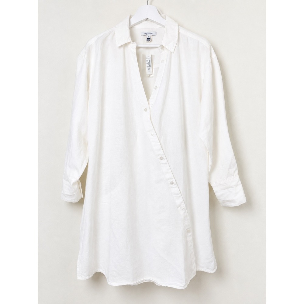 Madewell White Linen Blend Asymmetrical Button Front Shirt Dress Size XXS Boho